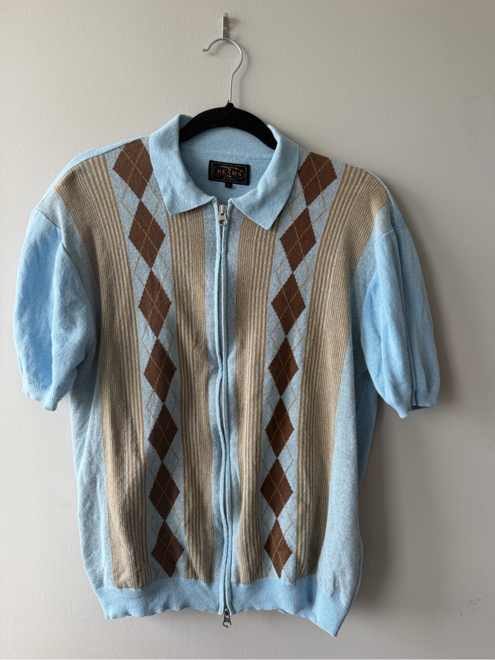 Light Blue Argyle Zip-Up Polo Sweater - BEAUKE
